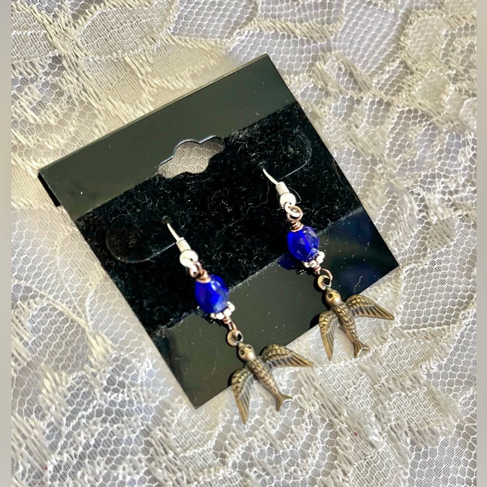 Sapphire Blue and Bronze Sparrow Dangle Earrings